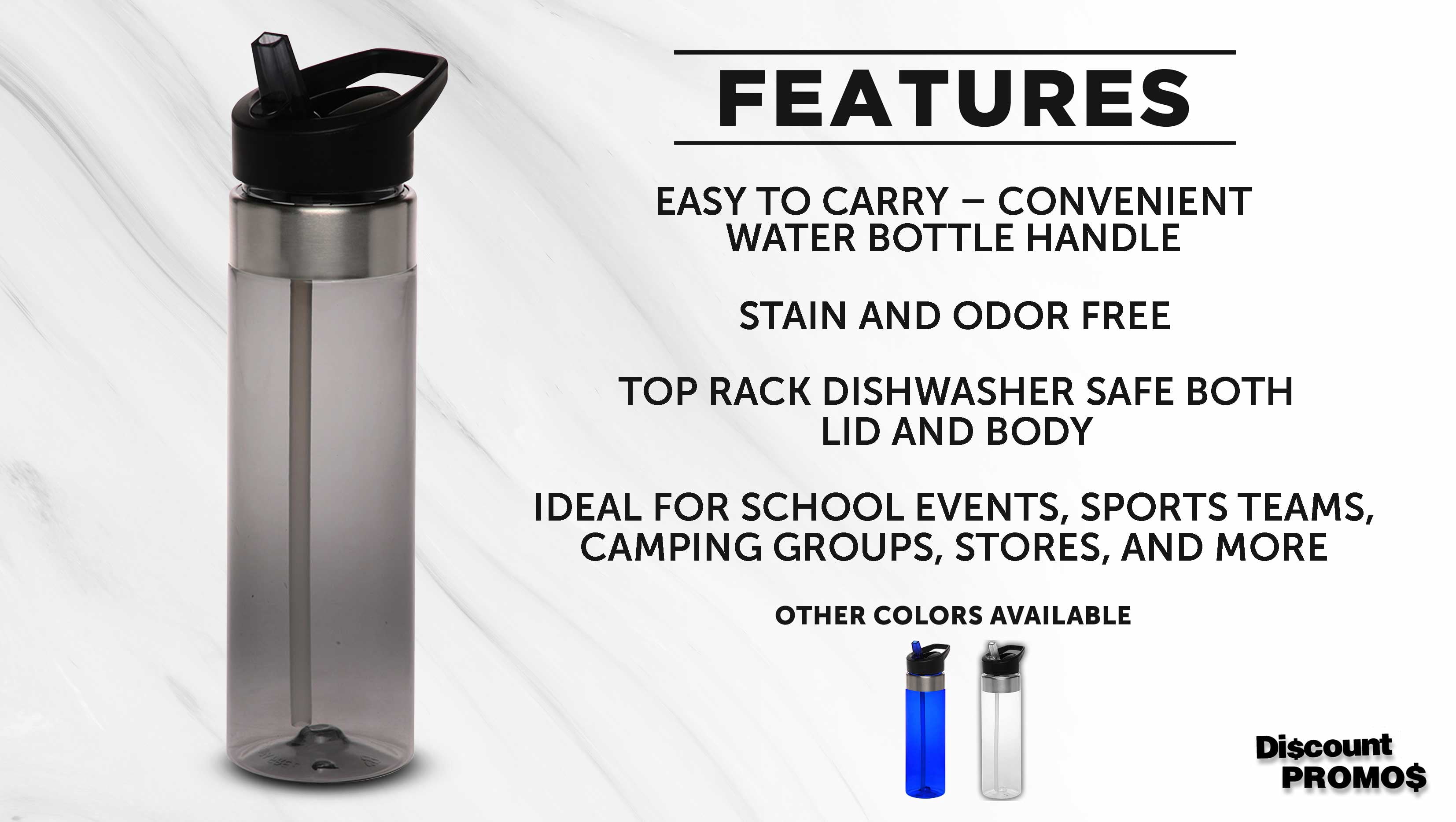 Plastic Water Bottle 24 oz with Inside Straw - BPA Free, Screw-On Cap, Flip Top Nozzle Mechanism - Slim Translucent Body - Eastman Tritan Copolyester - Charcoal - 10 Pack