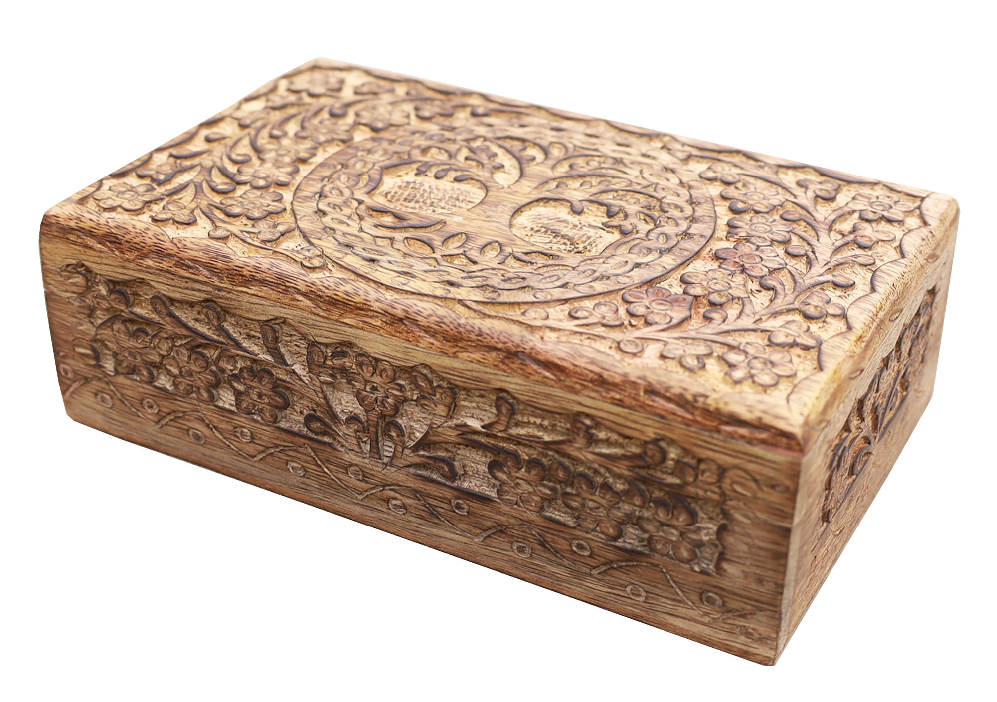 Hand Carved Tree of Life Wooden Box Keepsake Jewelry Storage (Natural)