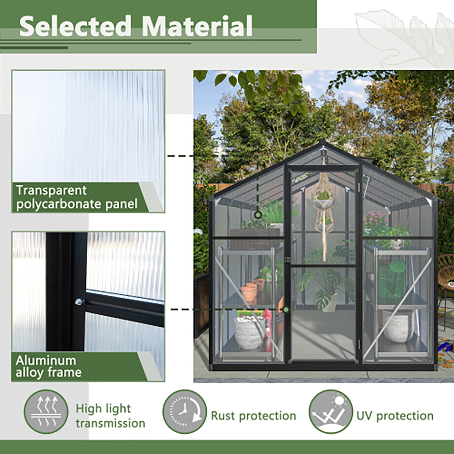 KEHOMY 6'x 8' Polycarbonate Greenhouse, Heavy Duty Walk-in Plant Garden Greenhouse for Backyard/Outdoor，for Growing Flowers, Fruits, Vegetables, and Herbs,Green