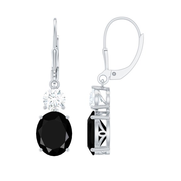 Oval Shape Lab Grown Black Diamond Drop Earrings with Moissanite for Women - 8X10 mm, 10K White Gold