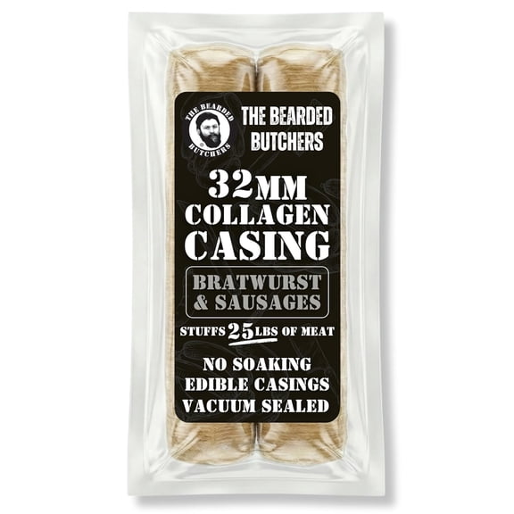 Bearded Butchers 32mm Fresh Edible Beef Collagen Casings (2-Pack), Holds 25lbs of Meat – For Bratwurst, Italian Sausage & Chorizo, Vacuum Sealed, Ready to Use, No Soaking Required