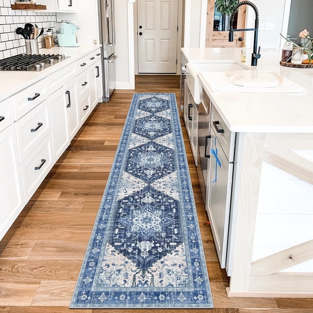 Washable Runner Rug x Boho Vintage Hallway Rug Runner with Rubber Backing Stain Low Pile Faux Wool Distressed Carpet Runner for Bedroom Kitchen Laundry Entrance