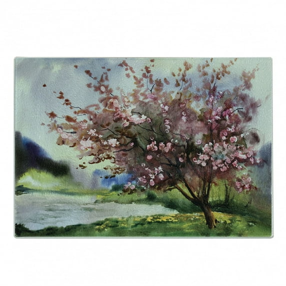 Country Cutting Board, Painting of Spring Landscape Blooming Nature Flowering Tree and Fresh Grass Nature, Decorative Tempered Glass Cutting and Serving Board, Small Size, Pink Green, by Ambesonne