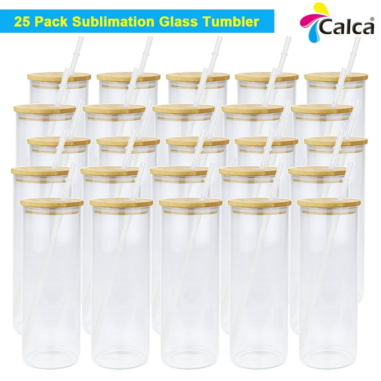 CALCA 48 Pack 16oz Sublimation Blank Beer Glasses Clear Coke Can Shaped Glass  Cups Bottles with Bamboo Lid and Glass Straw 