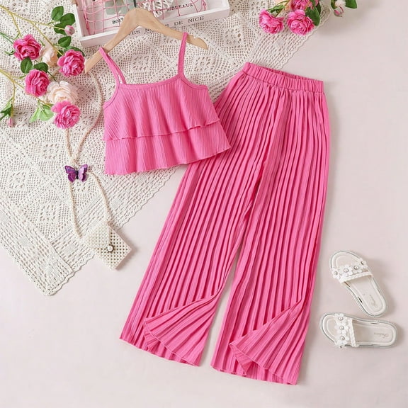 Girls Chiffon Sets 2 Piece Outfits Size 6-13 Teens Kids Trendy Sleeveless Spaghetti Strap Cami Tops and Pants Solid Vacation Travel Set