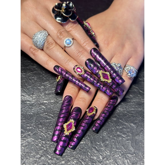 10PCS Glamorous Extra Long Press-On Nails | Black & Purple 3D Coffin Nails with Rhinestones | Handmade Acrylic False Nails