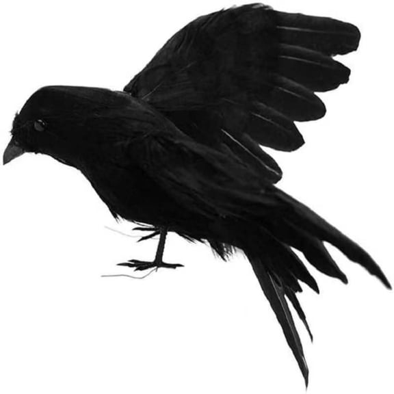 Halloween Black Feathered Crow Prop with Realistic Wings for Indoor Outdoor Haunted House Party Decoration, Lifelike Raven Ornament for Spooky Theme Events, Home and Garden Display