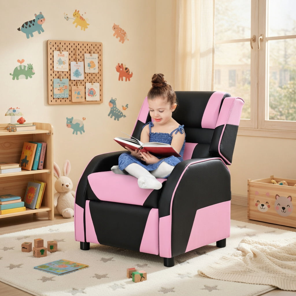 Barara King Kids PU Leather Recliner Chair with Headrest and Footrest, Kids Gaming Sofa Recliner Chair for Living Room, Bedroom, Pink
