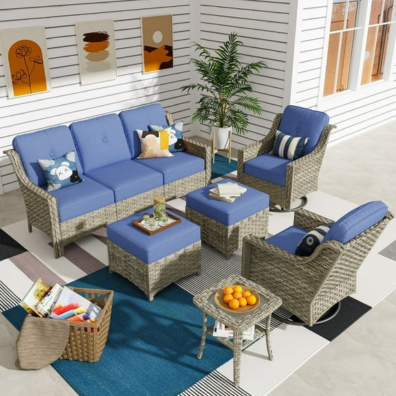 Ovios 6 Pieces Patio Furniture Set All-Weather Outdoor Sectional Patio Sofa Wicker Rattan Conversation Set with Swivel Rocking Chairs for Backyard