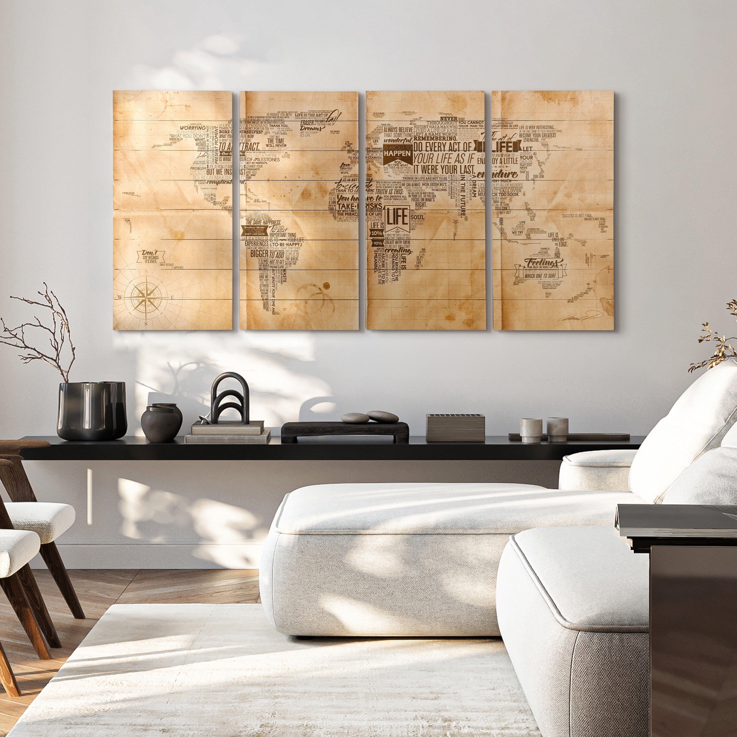 Empire Art Direct World Map Print on Solid Wood Wall Art Set of 4, 60" x 30", Ready to Hang