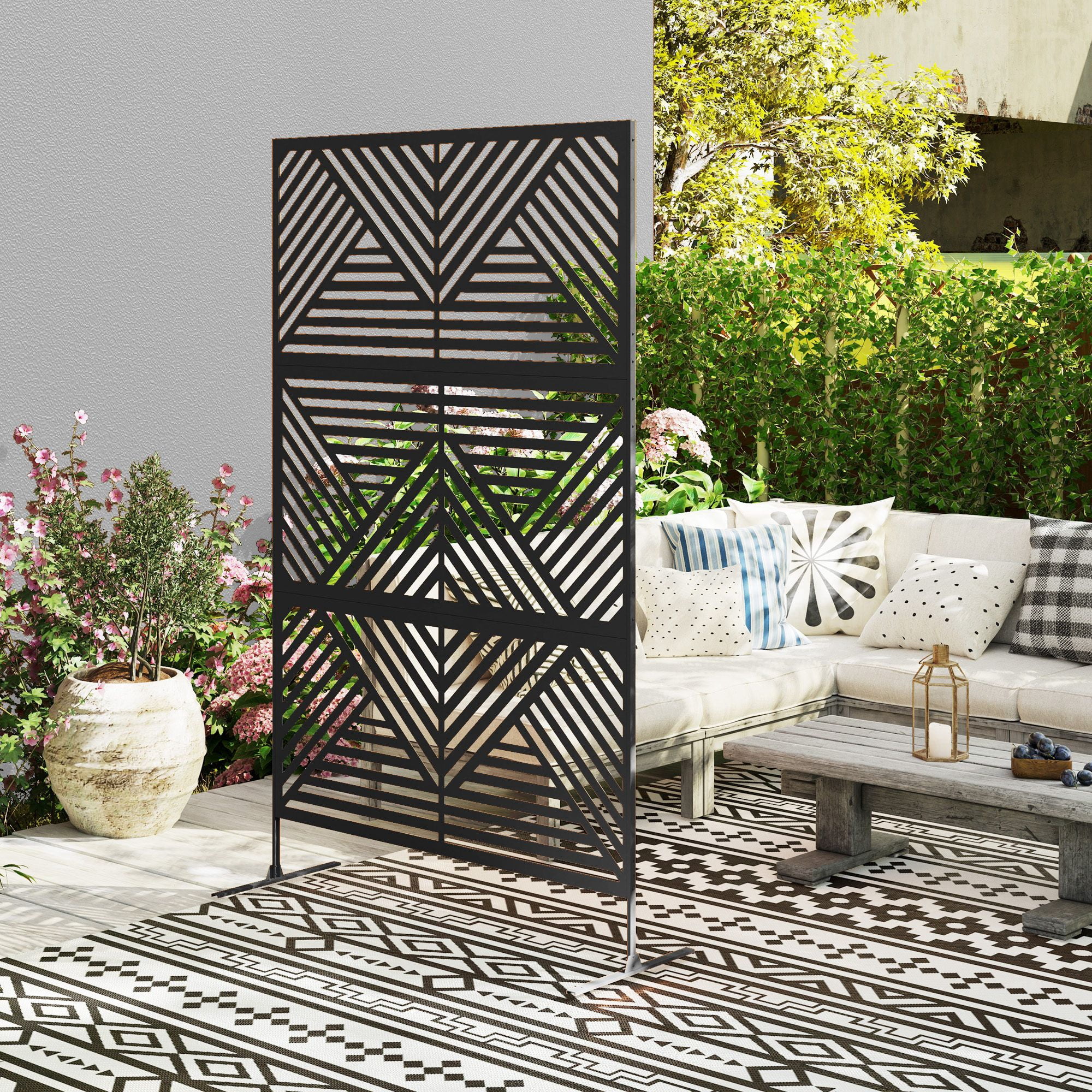 Alvantor Freestanding Outdoor Privacy Fence Screen Black Metal Rhombus Decorative