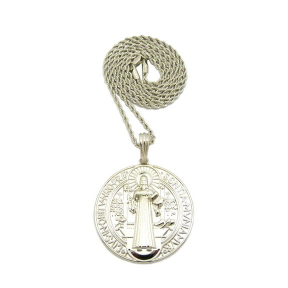 Polished 2 Sided Saint Benedict Medal Pendant with Necklace - 3mm 18" Silver-Tone Rope Chain