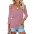 thumbnail image 3 of Fashion Cold Shoulder Tops Cotton 3/4 Sleeve T Shirts for Women Metal Strappy Casual V Neck Tee Shirts Fall Summer (2XL, Pink), 3 of 7