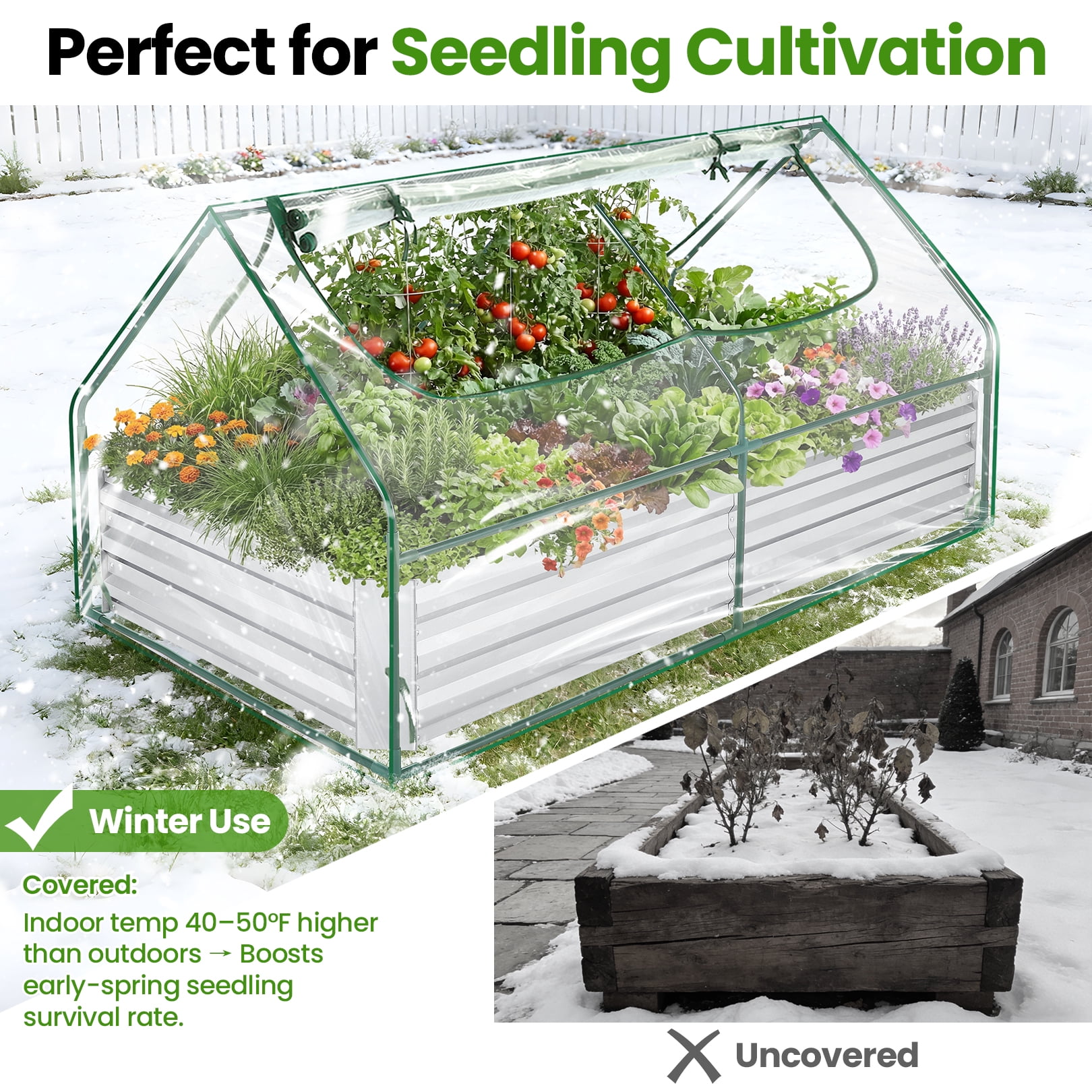 Funcid Galvanized Raised Garden Bed with Cover, Outdoor Metal Planter Box 2 Roll-Up Windows Mini Greenhouse for Growing Flowers Fruits Vegetables and Herbs, 6x3x3ft(Clear)
