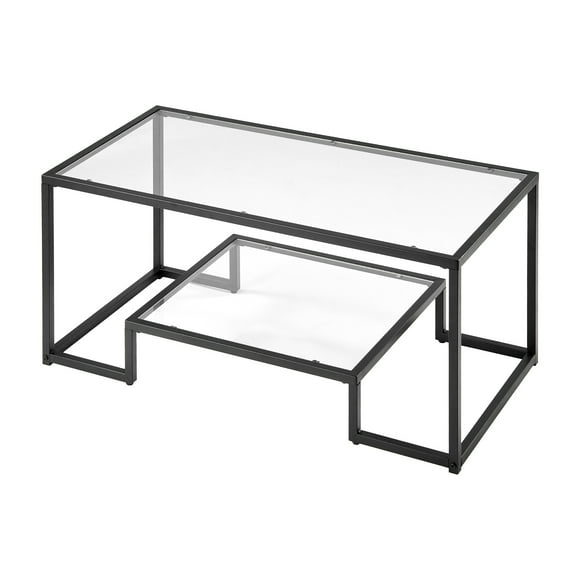 KFFKFF Coffee Table, Modern Tempered Glass Coffee Table, 2 Tiers Rectangle Glass Center Desk with Open Storage, Minimalist Sturdy Metal Frame