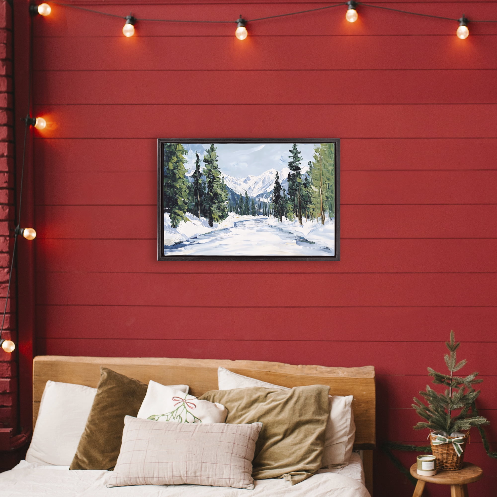 Snowy Tall Tree Pass Black Framed Floater Canvas Wall Art, design by Petal Prints Design