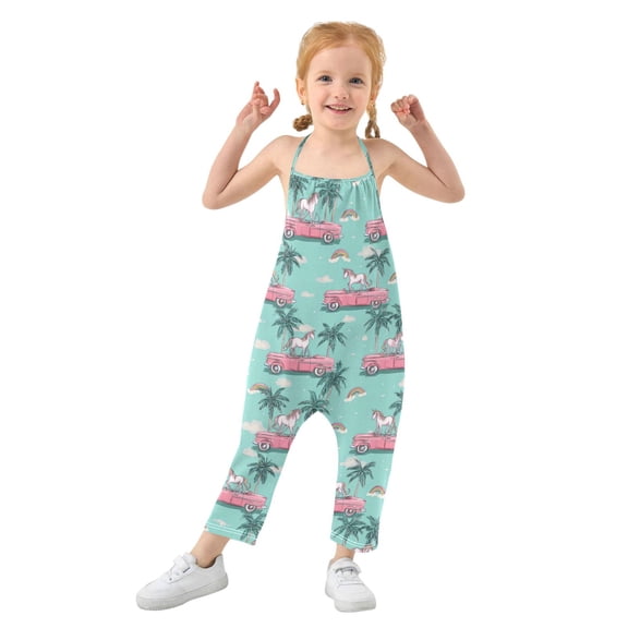 Girls' Jumpsuits Rompers Summer Casual Sleeveless Rompers With Pockets Spaghetti Strap Romper Unicorns Riding in Cars 1T