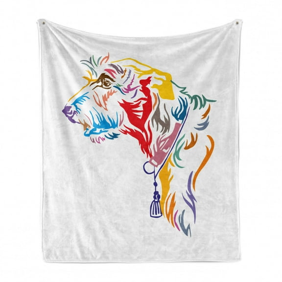 Irish Wolfhound Soft Flannel Fleece Blanket, Colorful Outline Portrait of Dog Silhouette Posing and Looking Left, Cozy Plush for Indoor and Outdoor Use, 70" x 90", White Multicolor, by Ambesonne