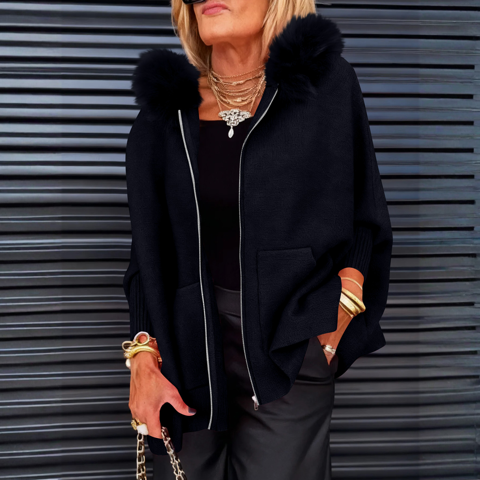 Women's Full Zip Up Hoodie Long Sleeve with Faux Fur Hooded Sweatshirts Front Pockets Jacket Loose Fit Coat for Women Black XL