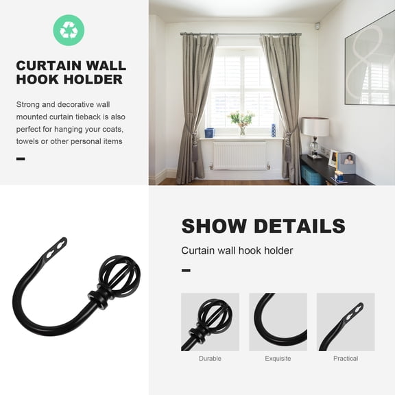 FUEENIRVA 2-Pack Black Metal Curtain Holdbacks Decorative Wall Hooks Tiebacks for Home Window Drapery
