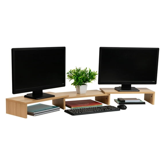 Mind Reader Dual Monitor Stand, Desktop Organizer, Laptop Riser, Office, MDF, 51.25"L x 9.25"W x 4.75"H, Brown