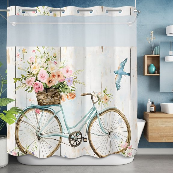 Pastoral Blossom Blue Bike No Hook Shower Curtain with Snap in Liner Set,Vintage Wooden Plank Waterproof Fabric Shower Curtains with See Through Top Window for Bathroom,72Wx72L