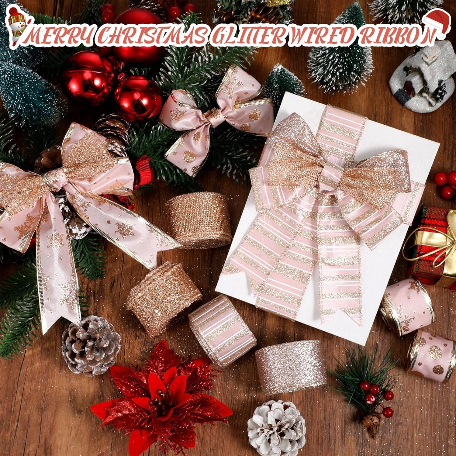 6 Rolls in Total 36 Yards Christmas Ribbon Glitter Gold Cord Ribbon for Christmas Tree Gift Bow Craft Garland Home Interior Decoration, 1.5 Inch X 6 Yard, Rose Gold