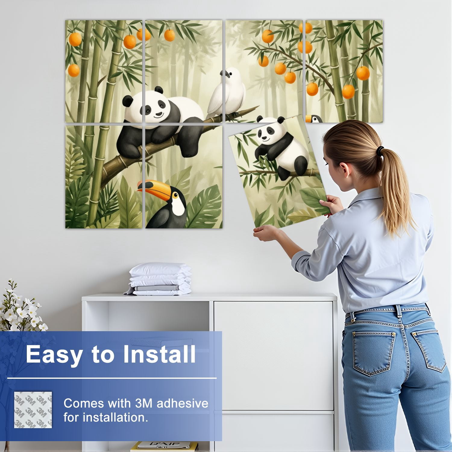 8 Pack Art Acoustic Panels Sound Absorbing Playful Pandas Tropical Birds Bamboo Forest Decorative Soundproof Wall Panels Self Adhesive for Nursery Game Room Bedroom 48"x32"