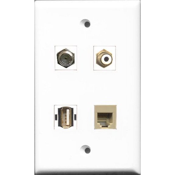 RiteAV 1 Port RCA White and 1 Port Coax Cable TV- F-Type and 1 Port USB A-A and 1 Port Phone RJ11 RJ12 Beige Wall Plate