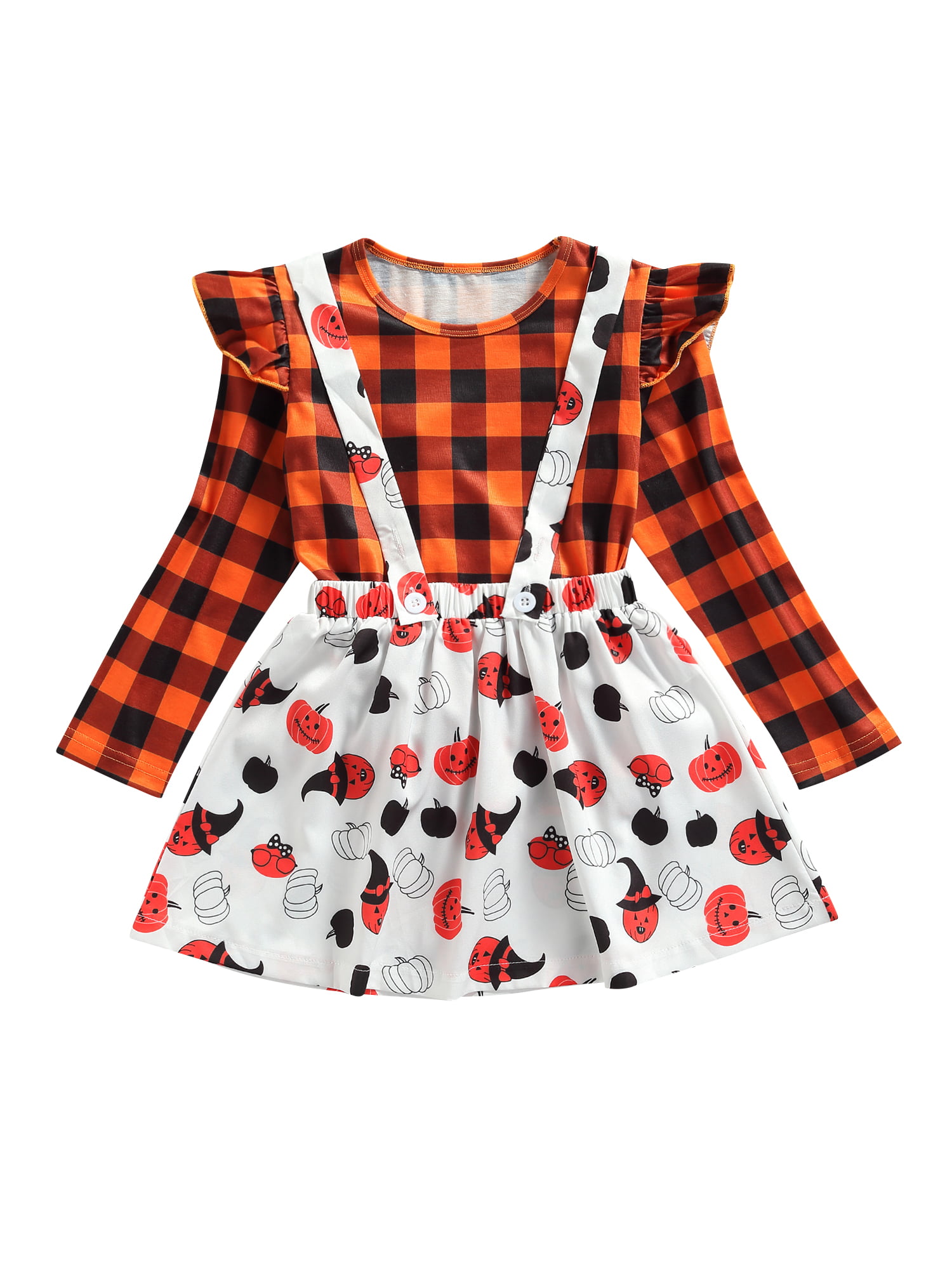 Checked Pumpkin Suspenders Skirt 2pcs Holiday Clothes Baby Girl Halloween Outfits Set Toddler Ruffles Shirt 