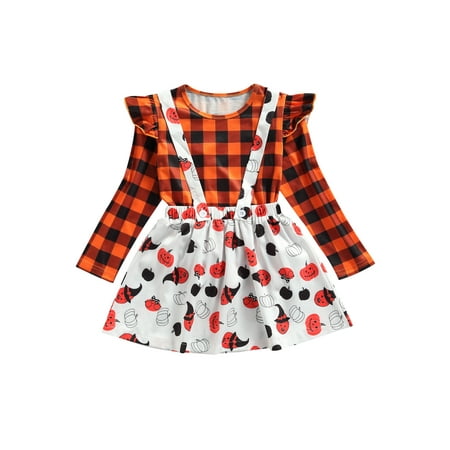 

Cathery 2Pcs Girls Halloween Clothes Long Sleeve O-Neck Tops + Suspender Skirt
