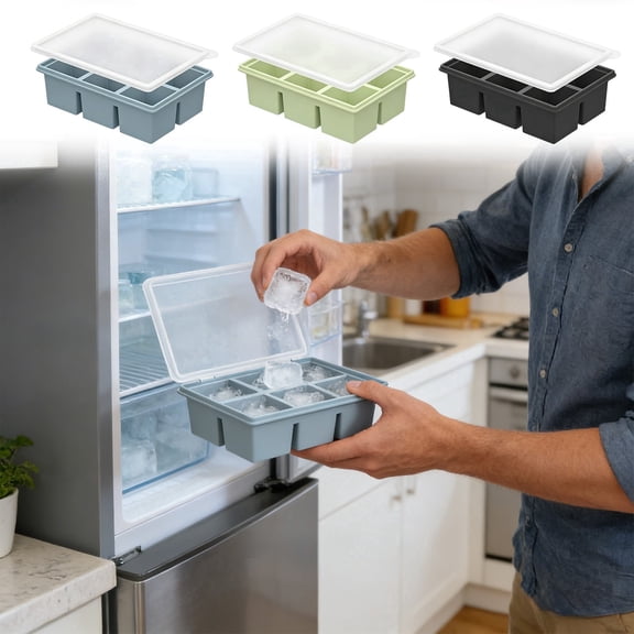 Large Ice Cube Tray Silicone Mold with Lid 6 Compartment 125ml Each Food Grade Ice Storage Box for Freezer Soup Stock Sauce Baking Green Blue Black