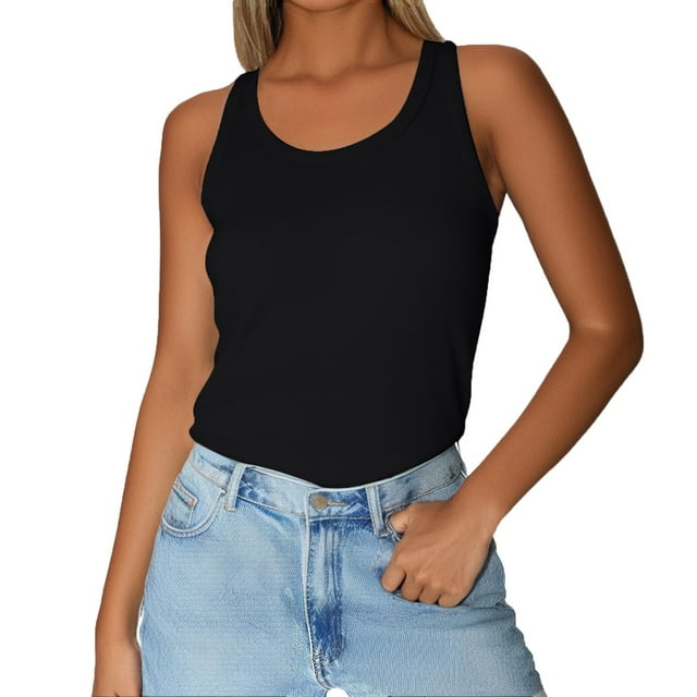 WZXFASHION Tank Top For Women Summer Sleeveless Neck Ribbed Workout Tank Tops Slim Basic Tee Shirts Camisoles&Tanks Black XXL