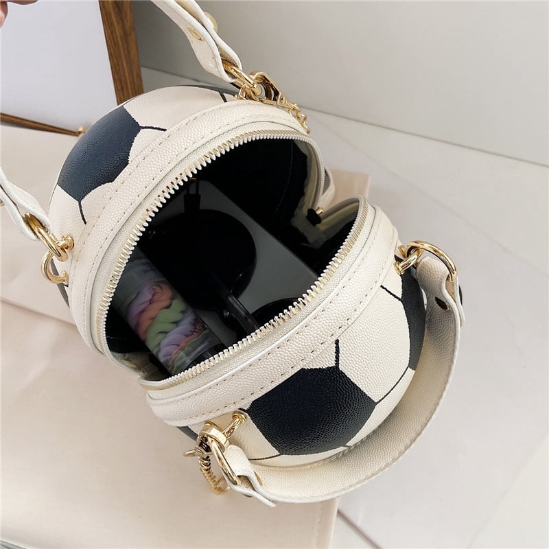 Novelty Sports Ball Shaped PU Crossbody Bag for Women, Personality Soccer & Basketball Design, Round Mini Bag, Zipper Closure, Chain Strap, Trendy Handbag for Casual Travel (6.3"x6.3"x6.7", 0.55lb)