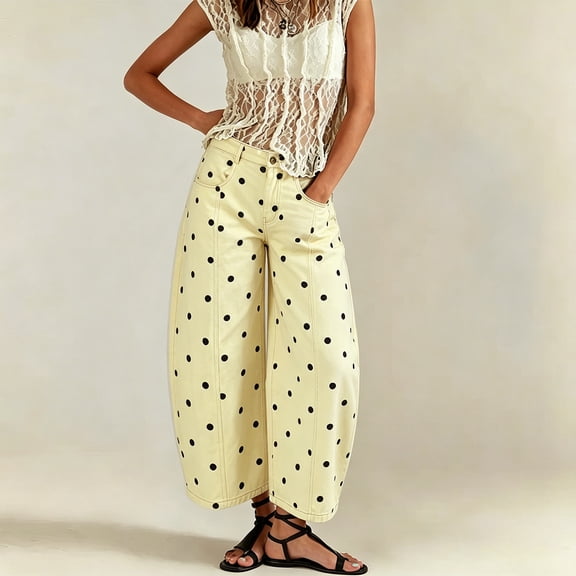 Polka Dot Pants for Women Boyfriend Y2k Baggy Barrel Denim Pants | Summer Fall Outfits Fashion Boho Cotton Mid Rise Wide Leg Baggy Jeans XL