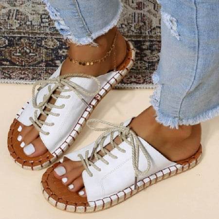 

uikmnh Slippers for Women Womens Shoes Summer Large Size Flat Slippers Leopard Print Solid Colore Beach Shoes Slippers White 9