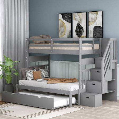 Stairway Twin Over Twin/Full Bunk Bed with Twin Size Trundle and Drawers  Solid Wood Bunk Bed Staircase Can be Placed on The Left or Right Side (White)