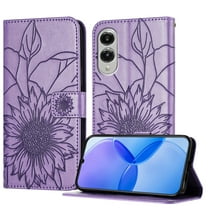 ELEHOLD Case for Samsung Galaxy S25 Edge, Sunflower Embossed Leather Wallet Case with Magnetic Closure & Kickstand,Purple