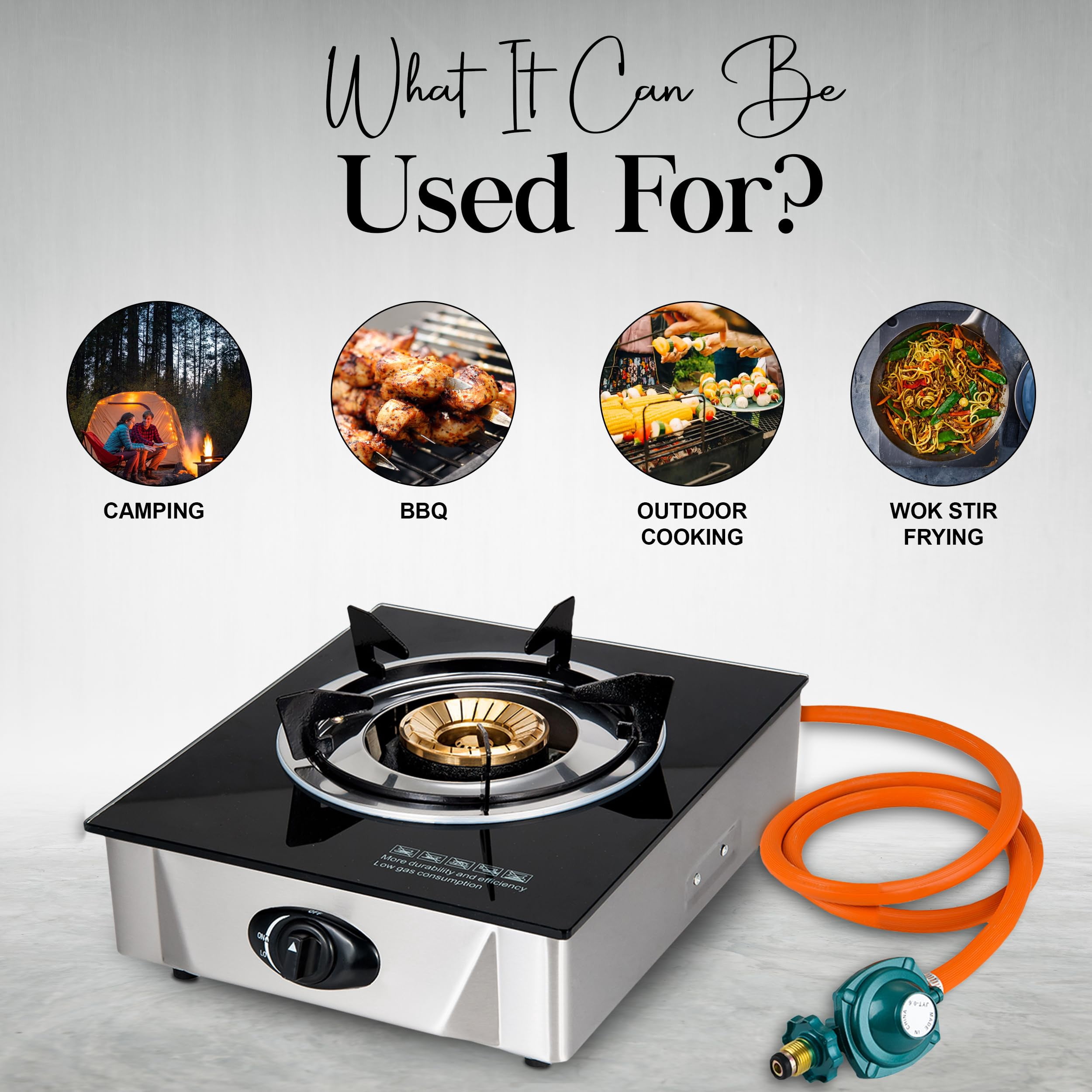 Alpine Cuisine Low-Pressure Gas Single Burner with Hose & Regulator | Kitchen Equipment & Camping Burner | Perfect for Home Cooking & Outdoor Gas Burner | Durable Color Box Packing & Easy To Use