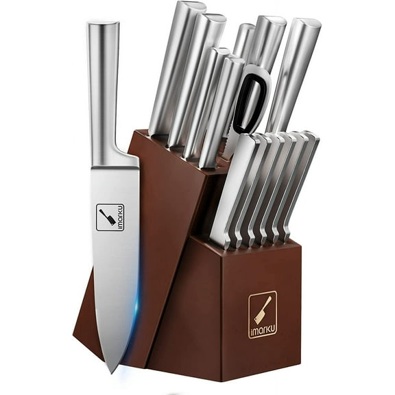 imarku | 15-Piece Knife Set Japanese Stainless Steel Kitchen Knife With Wooden Block Build in Sharpener