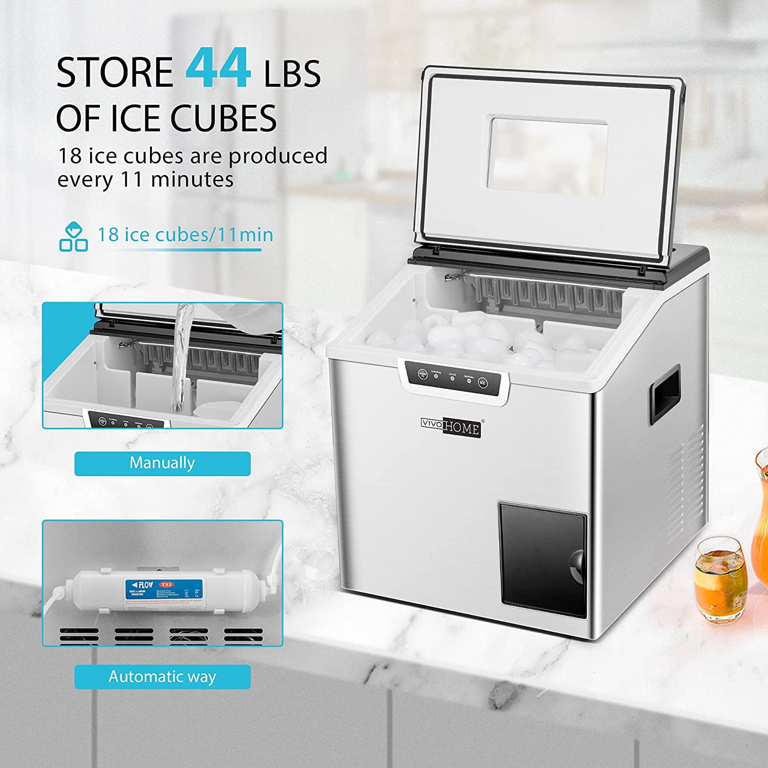 VIVOHOME 2 in 1 Countertop Ice Maker & Shaver Machine, 44Lbs/Day