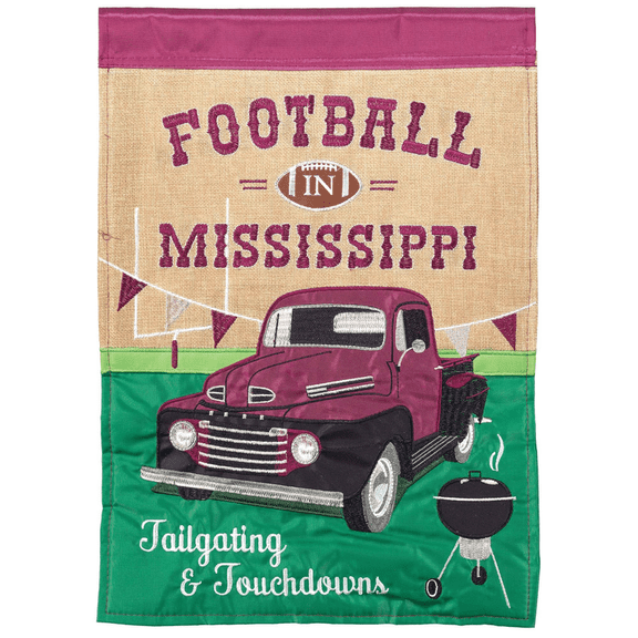 Magnolia Gardens M011615 13 x 18 in. Football In Ms Maroon & Grey Burlap Garden Flag