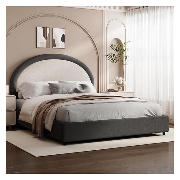 Queen Bed Frame, Boucle Upholstered Platform Bed Frame with Headboard, Grey Bed Frame, Soft Rounded Corners, No Box Spring Required, Easy Assembly