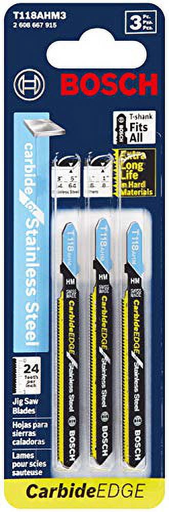 Bosch T118AHM3 3-Inch 24TPI Carbide Strip Stainless Steel Jigsaw Blade - 3pk