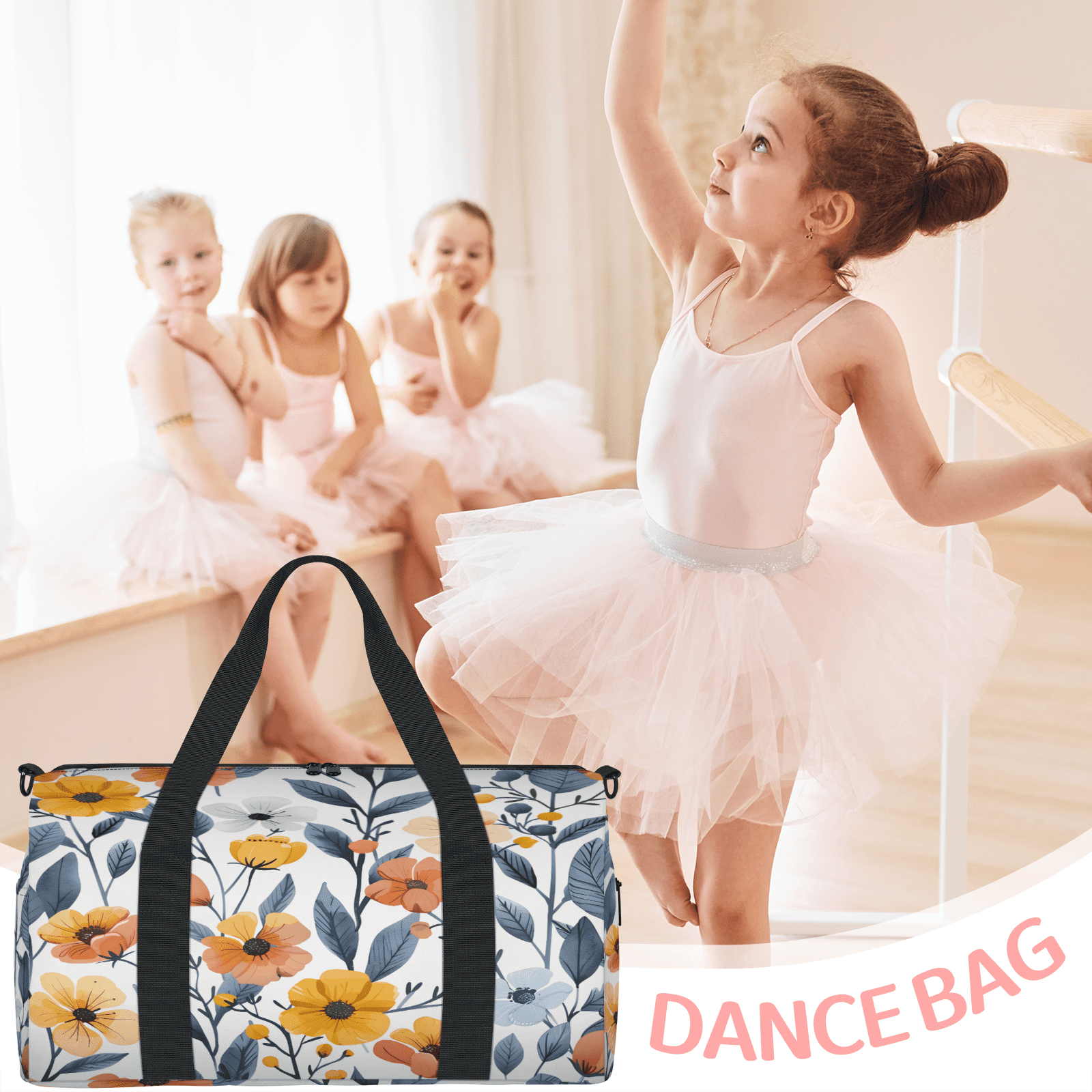 Herdesigns Flower Print Gym Bag for Women, Duffle Bag for Travel Sport, Lightweight Waterproof Carry on Weekender Overnight Dance Yoga Workout Bags