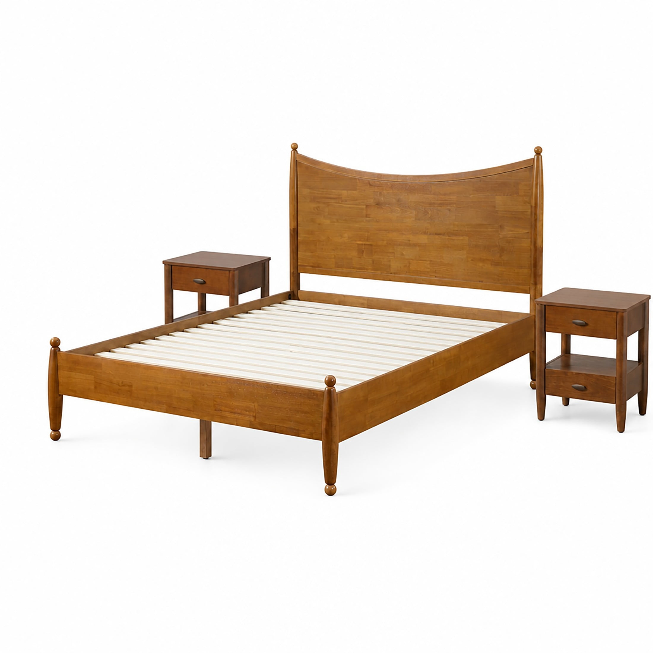 Christopher Knight Home Queen Bedroom Set, Wood Bed with Curved Headboard and 2 Nightstands, Brown+Walnut