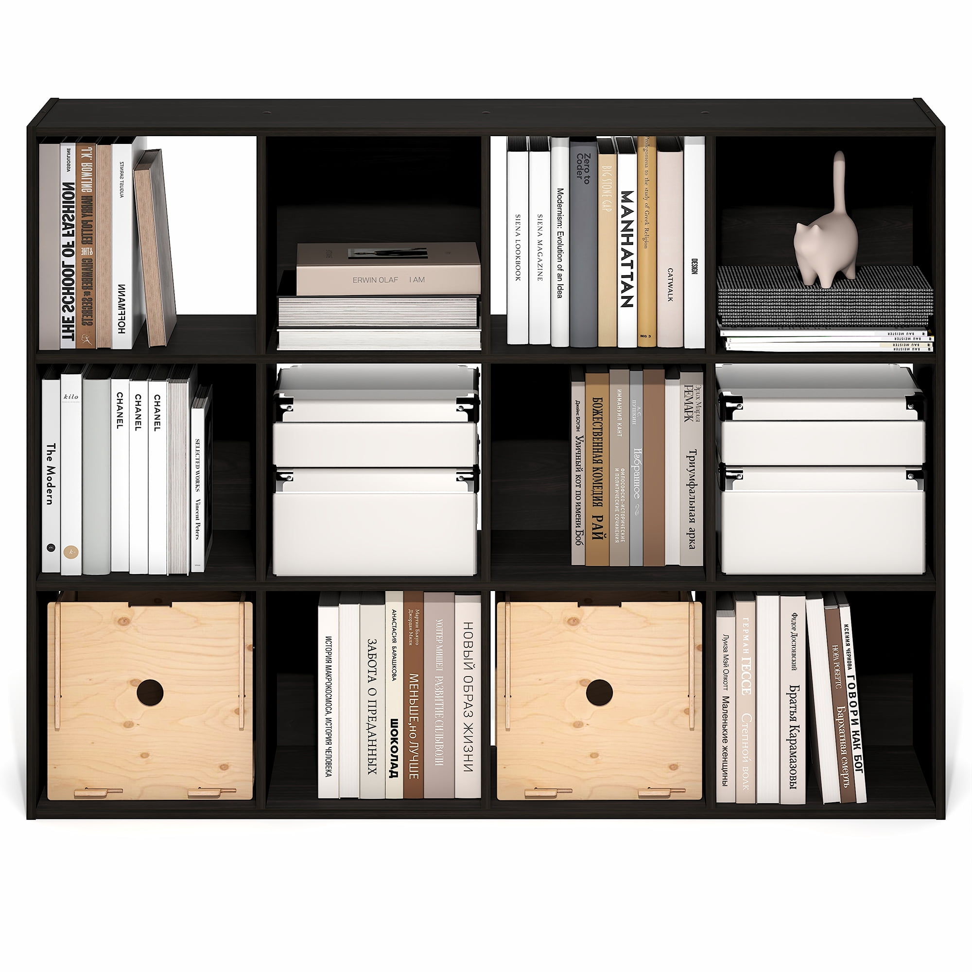 Furinno PELLI 12-Cube Storage Bookshelf for Living Room Bedroom Espresso