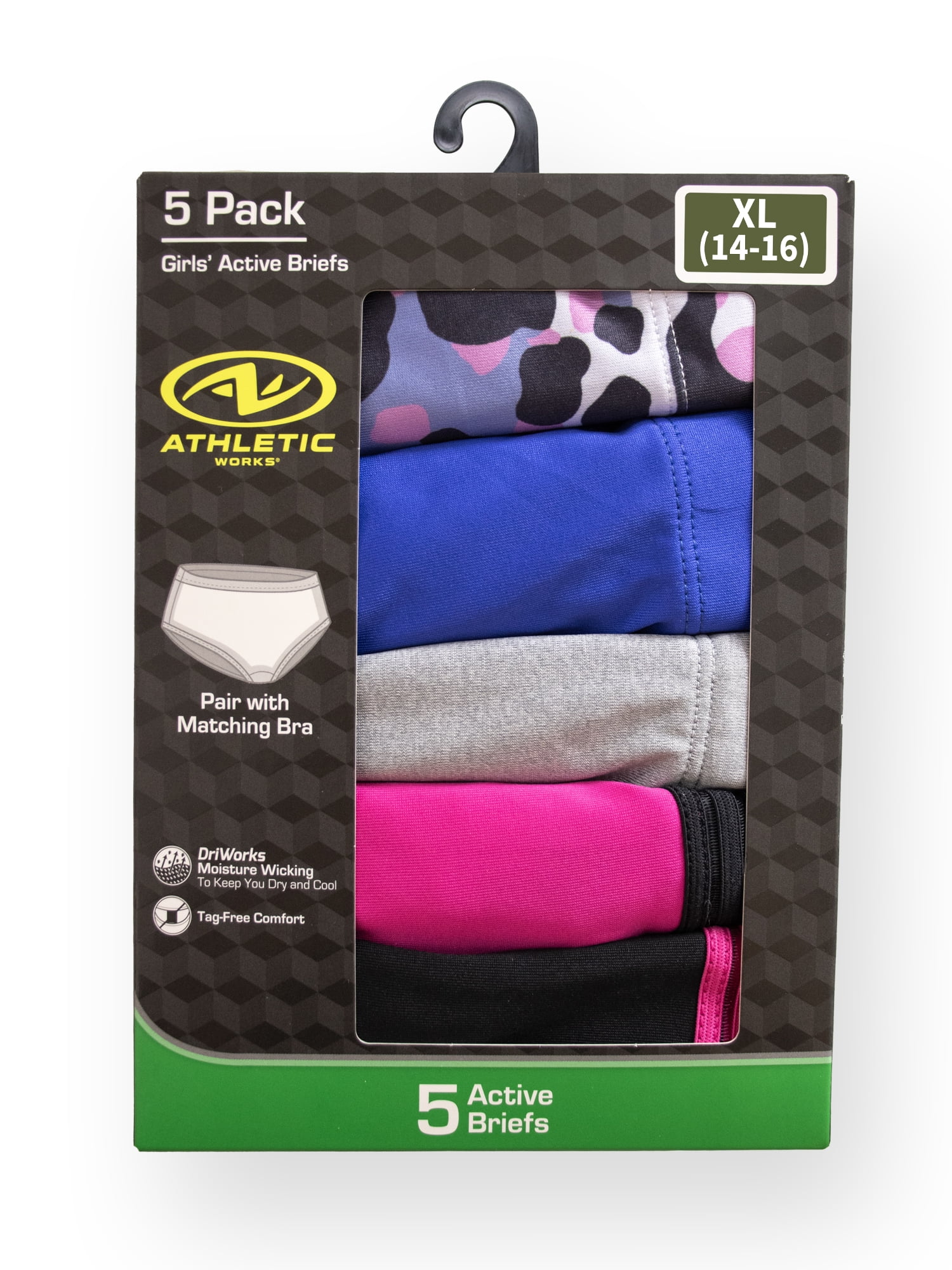 Athletic Works Girls Active Brief Underwear, 5-Pack, Sizes S-XL