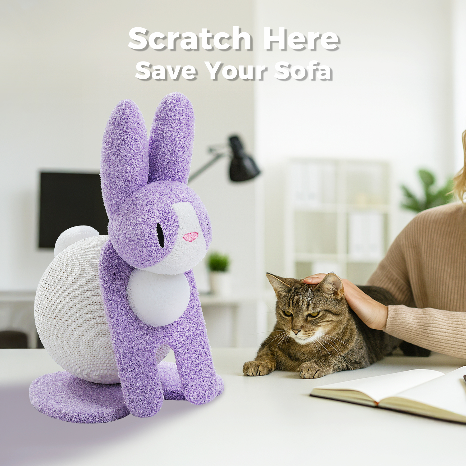 PEQULTI 23" Cute Cat Scratching Post Bunny Style Cat Scratcher with Paper Rope for Indoor Kitten Purple