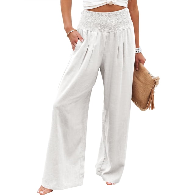 Pantalones Palazzo ANRABESS de lino blanco de cintura alta para mujer